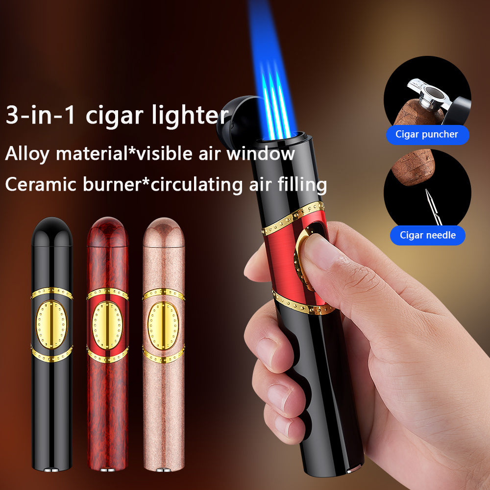 Cigar shaped triple torch lighter with built-in cigar punch and cigar needle