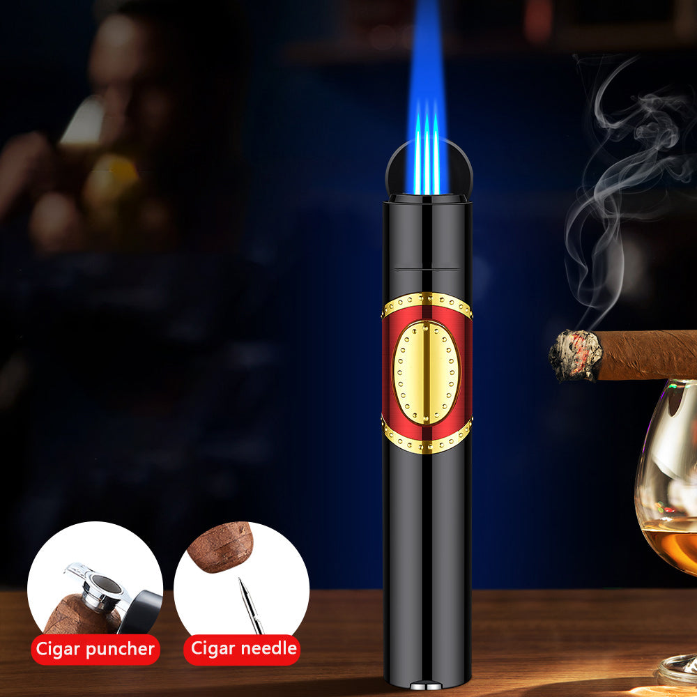 Cigar shaped triple torch lighter with built-in cigar punch and cigar needle