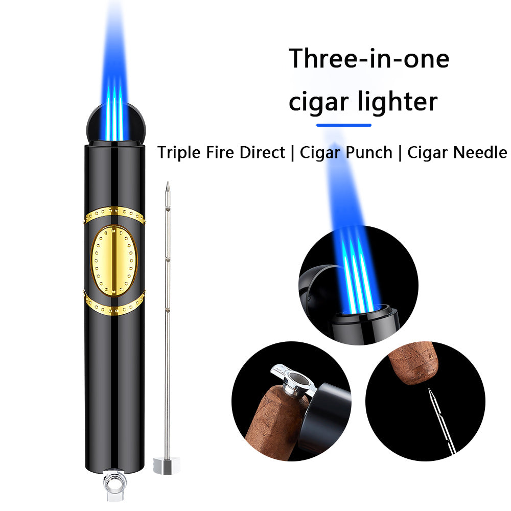 Cigar shaped triple torch lighter with built-in cigar punch and cigar needle