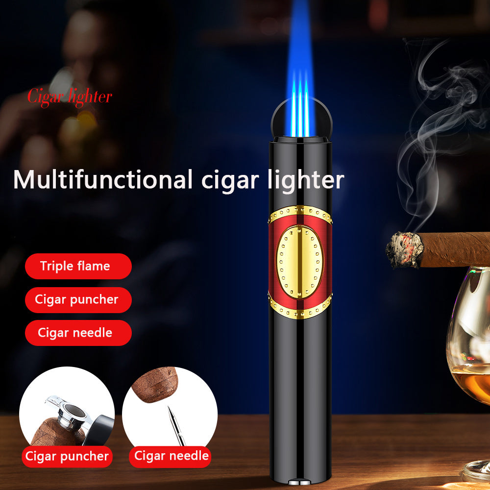 Cigar shaped triple torch lighter with built-in cigar punch and cigar needle