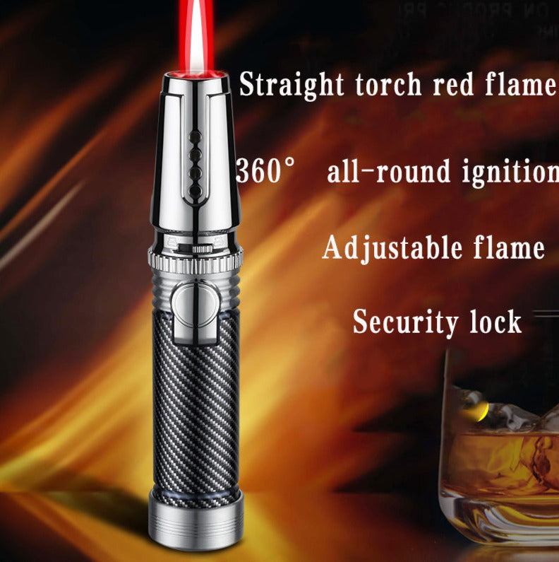 Silver lighter with red torch flame lighter with perfect grip and security lock. Perfect for the kitchen and hotels also for the Cigar lovers