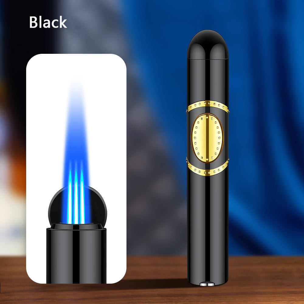 Cigar shaped triple torch lighter with built-in cigar punch and cigar needle