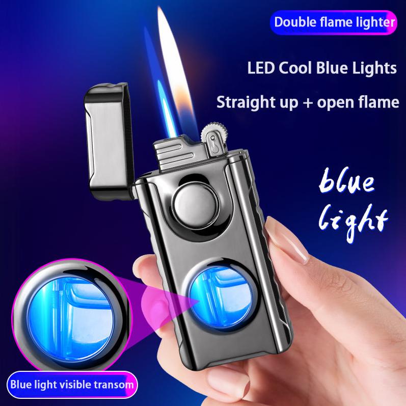 Black Dual-flame lighter with blue light - Soft Flame and Jet Flame - The Vintage Lighter