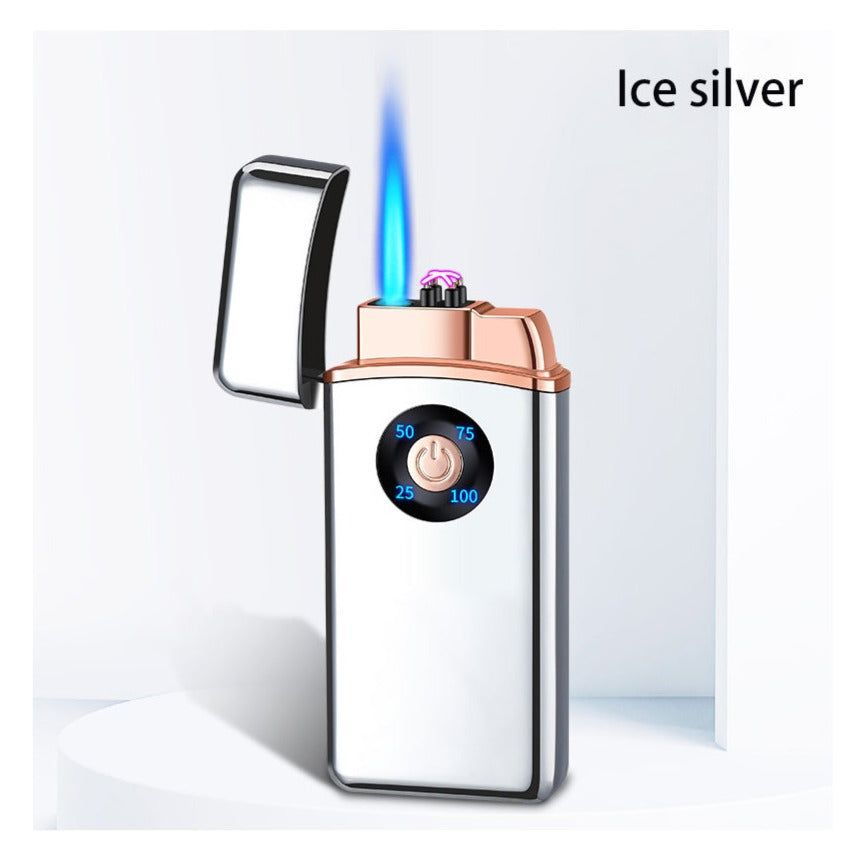 Dual Burner Butane Silver Lighter With ARC burner Electric lighter, Plasma lighter - Refillable and adjustable flame -Silver