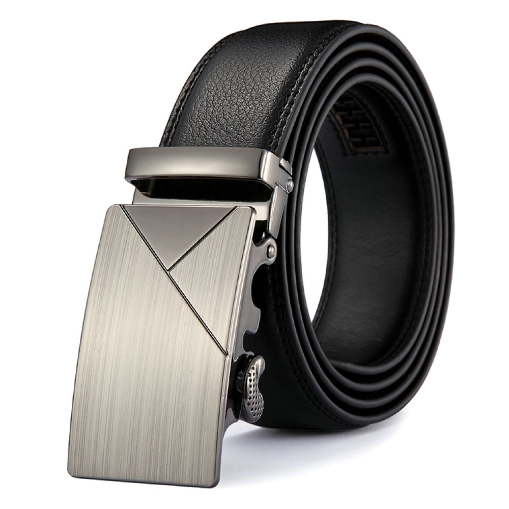 Men’s Automatic Ratchet Belt - Glossy Brushed Nickel with Shiny Gunmetal Inlay and Border