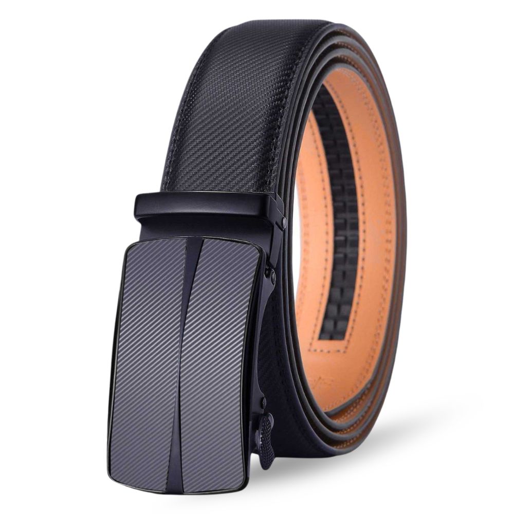 Men’s Automatic Ratchet Belt - Matte Black Inlay with Ribbed Pattern Gunmetal Center