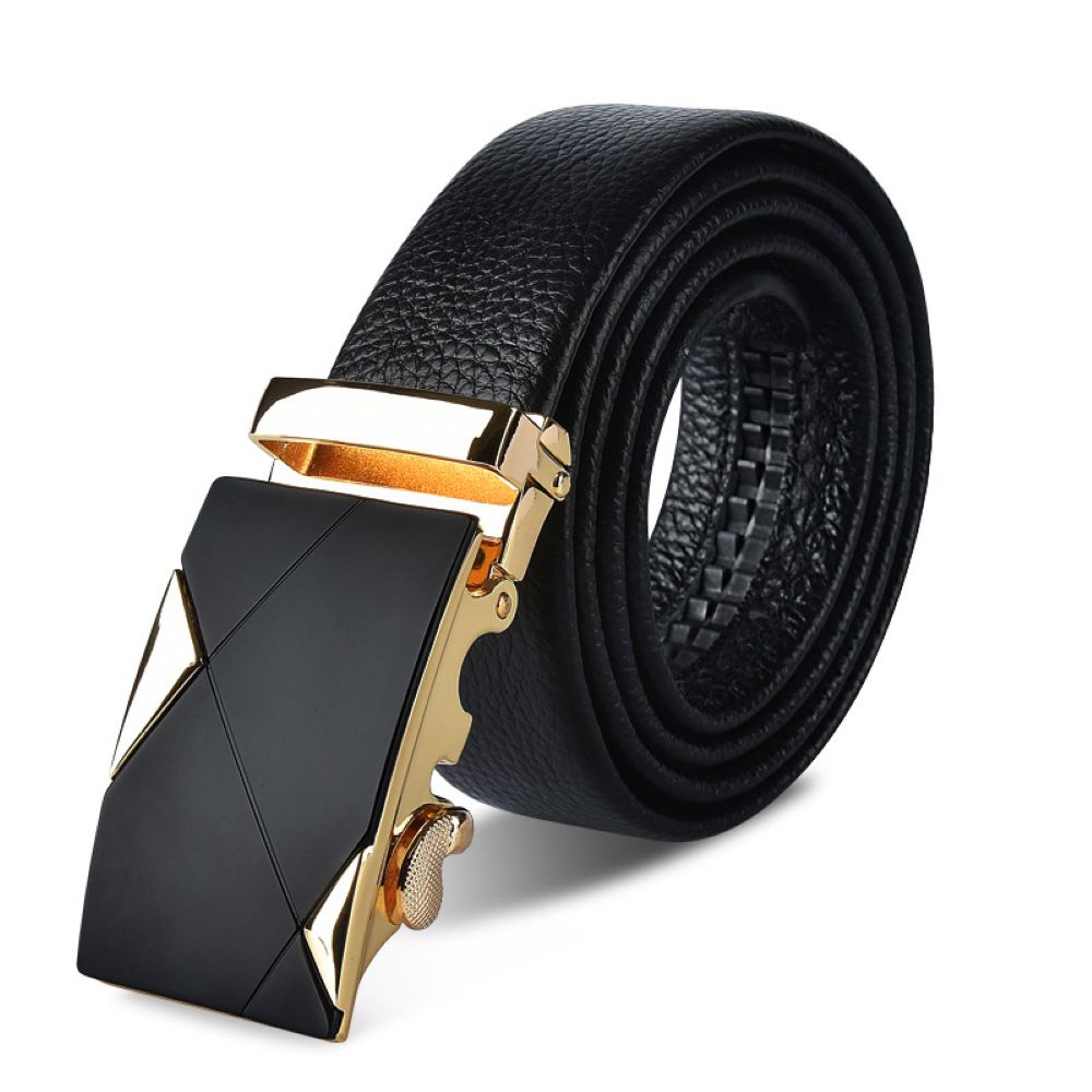 Men’s Automatic Ratchet Belt - Smooth Matte Black with Grooves and Rose Gold Triangles Inlay