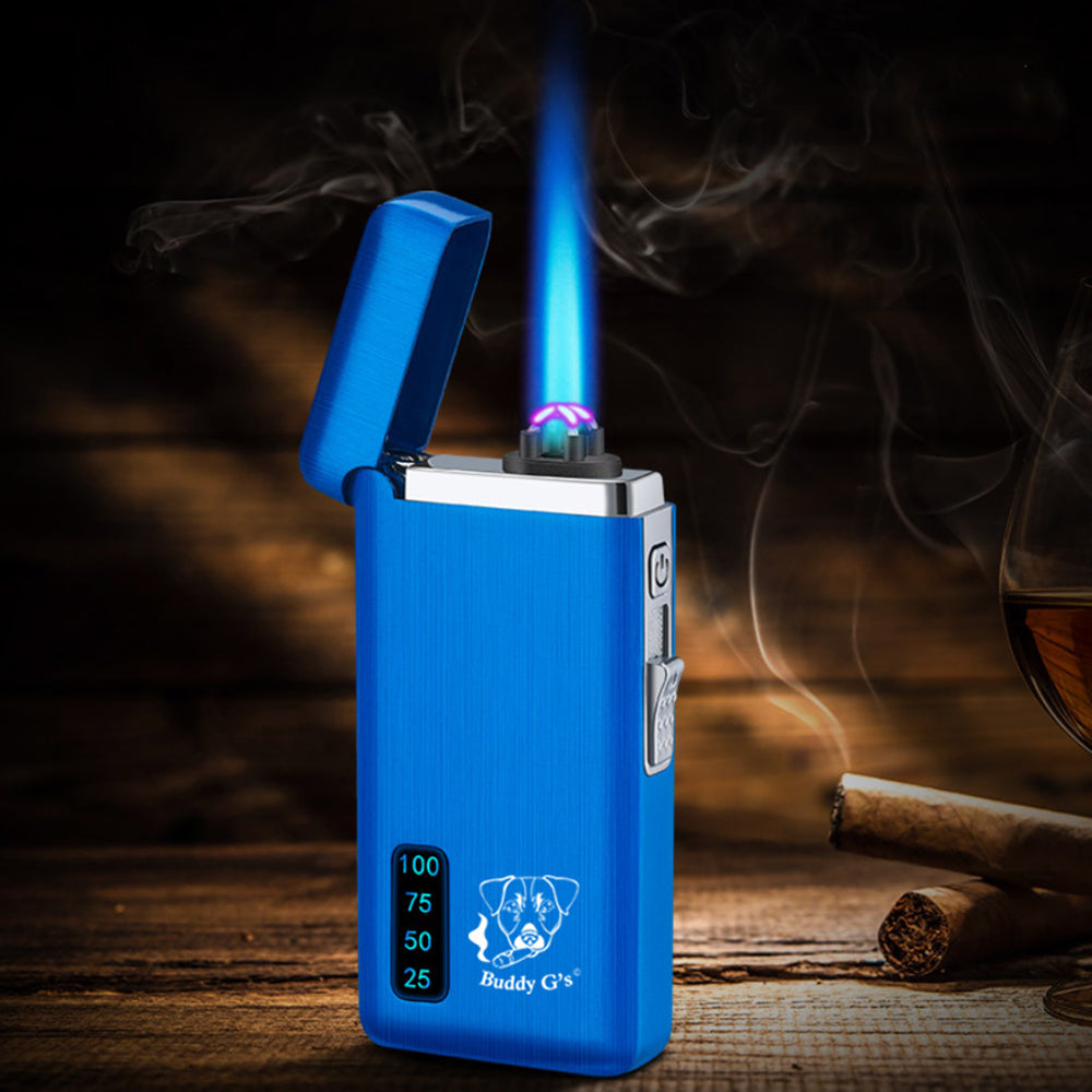 Blue Dual Burner Refillable and adjustable flame Butane and electronic windproof ARC burner, Plasma lighter